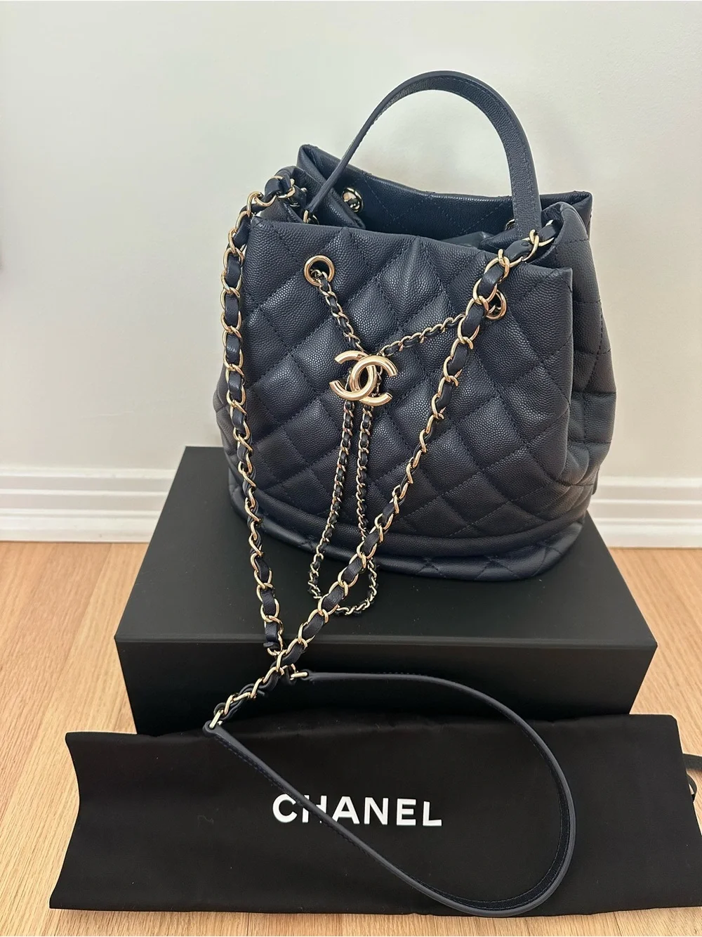 Chanel Navy Quilted Caviar Drawstring Bucket Bag- Gold Hardware/2019